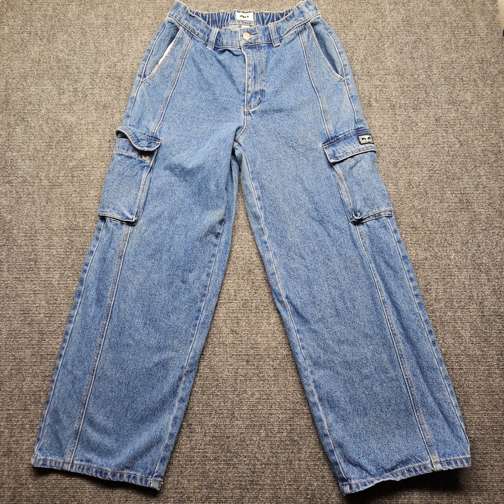 Obey Mens Size 30 Light Wash Blue Denim Cargo Pants Wide Leg Elastic Waist